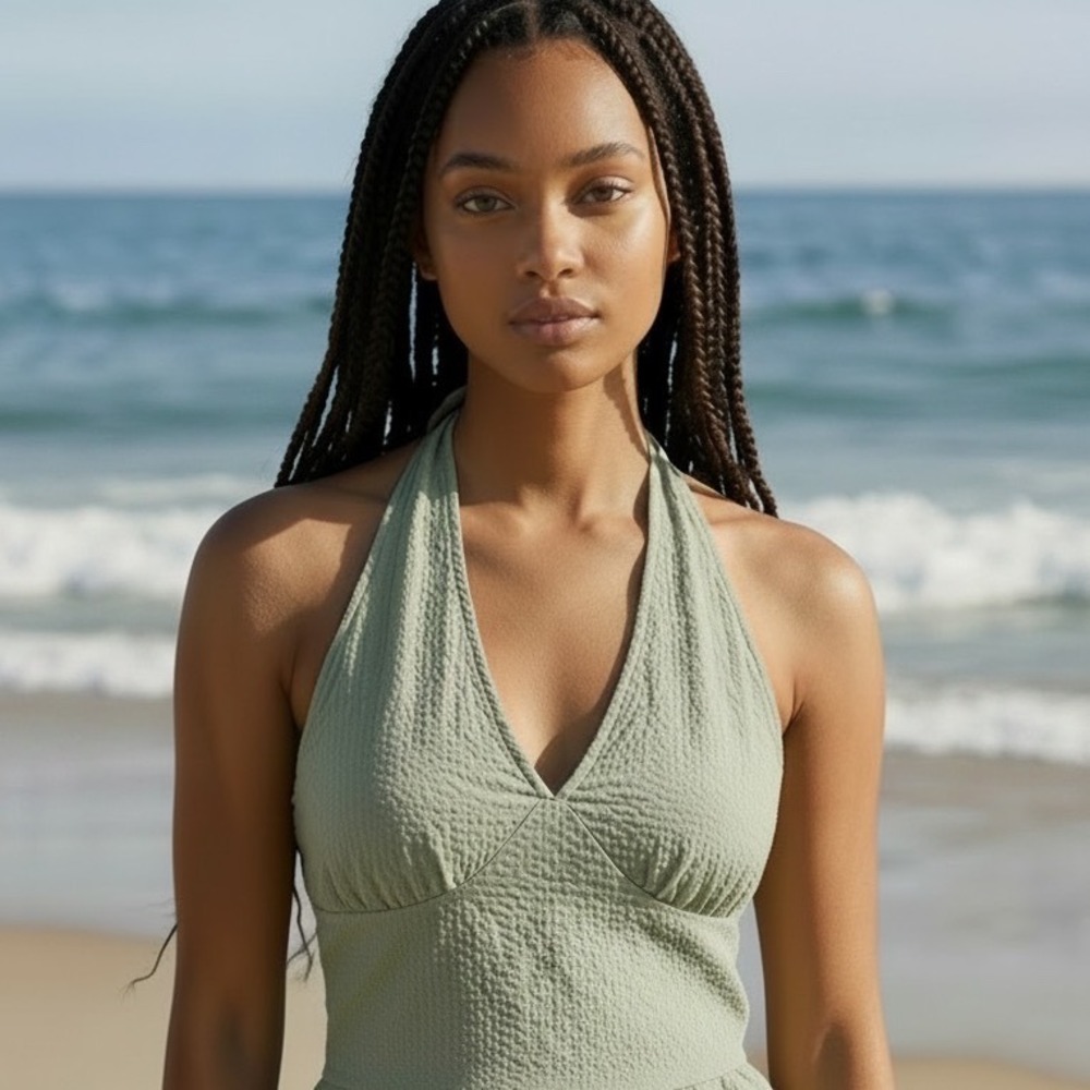 Cotton On Sage Green Textured Halter Neck Crop Top Lace Trim Womens 10 Coastal